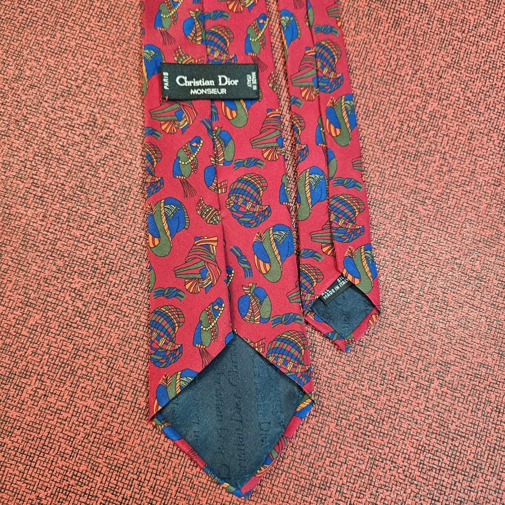 Vintage 90s Christian Dior Monsieur Silk Tie Red Italian Novelty Pattern Luxury - Picture 3 of 7